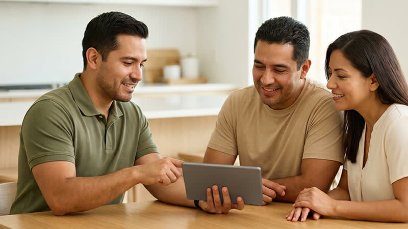A manufactured home dealer giving a family individual attention on a tablet