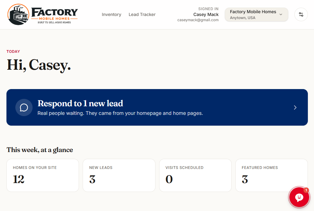 Manufactured home dealer website reporting dashboard with weekly metrics