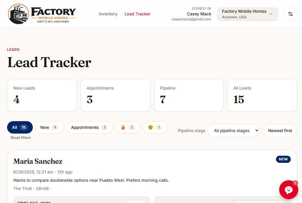 Lead tracker organizing manufactured home website leads by pipeline stage