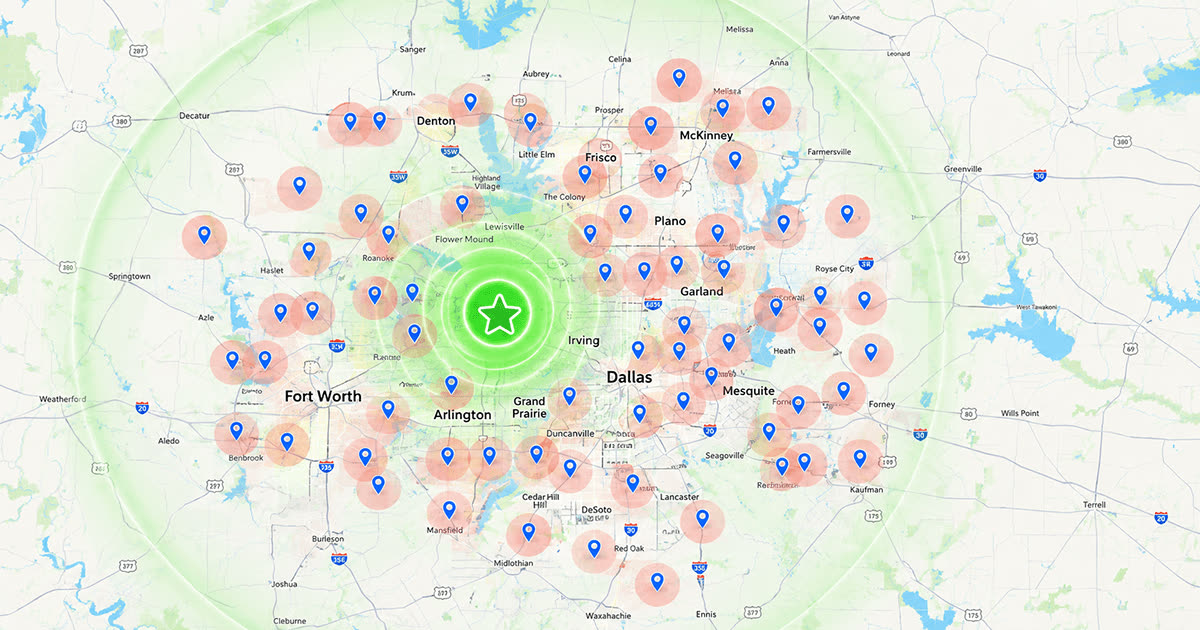Local marketing coverage map of Texas mobile home dealer markets around Dallas-Fort Worth