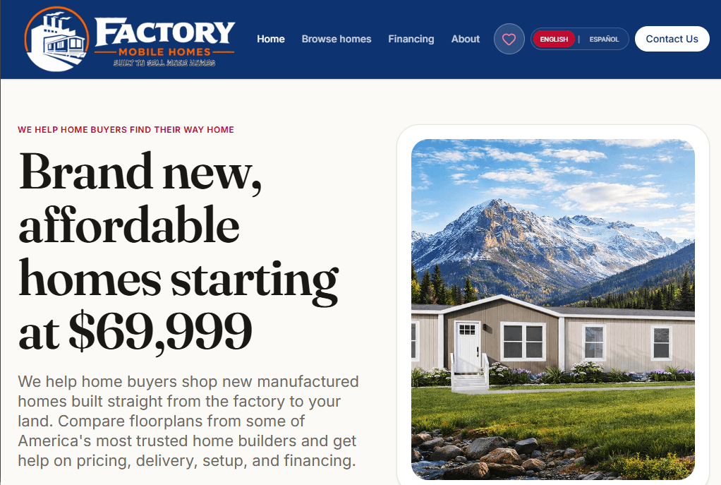 Manufactured home dealership website homepage
