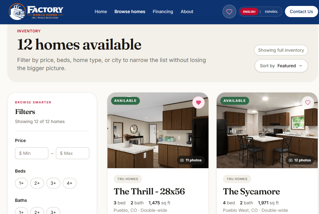 Dealer inventory page showing homes with photos and prices