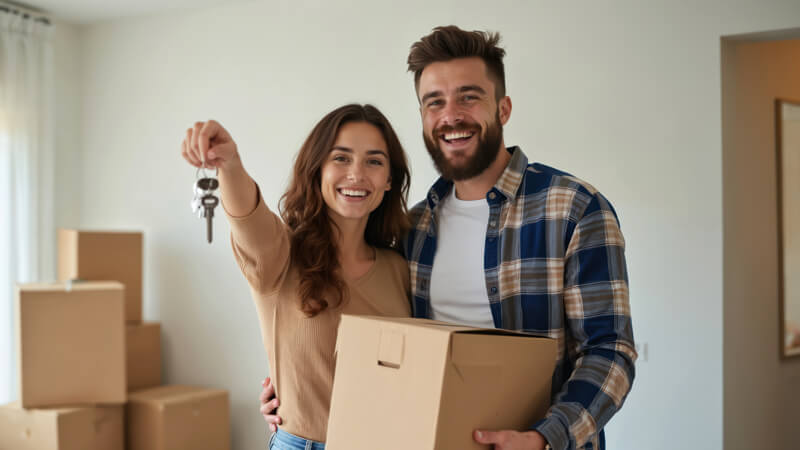 A happy couple holding the keys to their new manufactured home