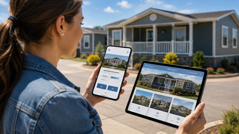 A shopper comparing manufactured home dealer websites on a phone and tablet